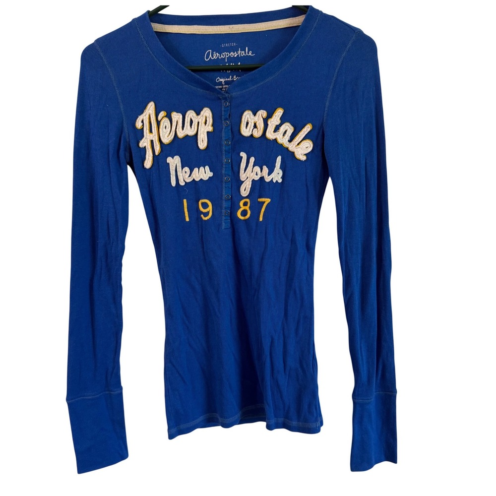 Y2K Aeropostale women's Henley shirt blue ribbed NY 1987 graphic 2000s medium